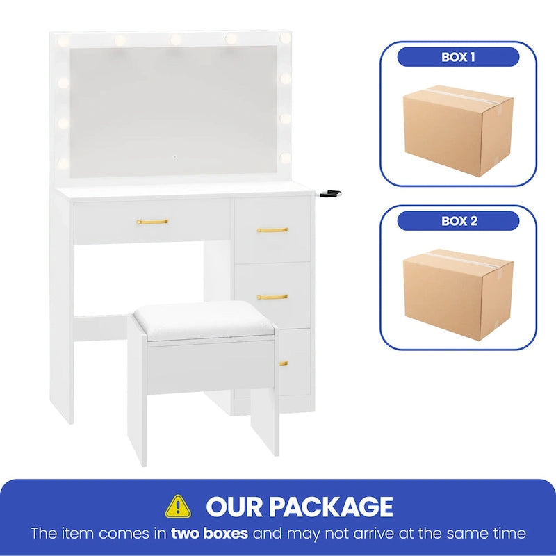 Moasis 35.4 Mirror Makeup Vanity Table with Stool and Light Bulb - 35.4L x 15.7W x 53.5H