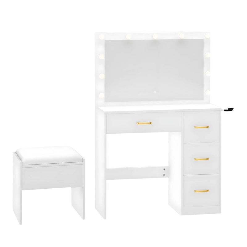 Moasis 35.4 Mirror Makeup Vanity Table with Stool and Light Bulb - 35.4L x 15.7W x 53.5H
