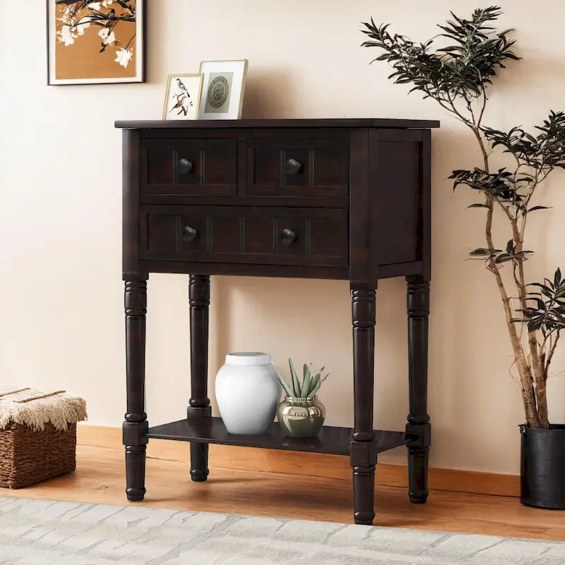 Narrow table, rustic entrance table, slim sofa table, three storage drawers and bottom shelf