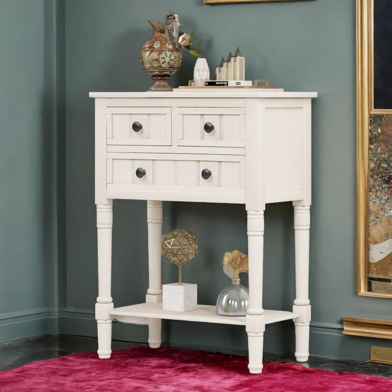 Narrow table, rustic entrance table, slim sofa table, three storage drawers and bottom shelf