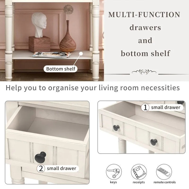 Narrow table, rustic entrance table, slim sofa table, three storage drawers and bottom shelf