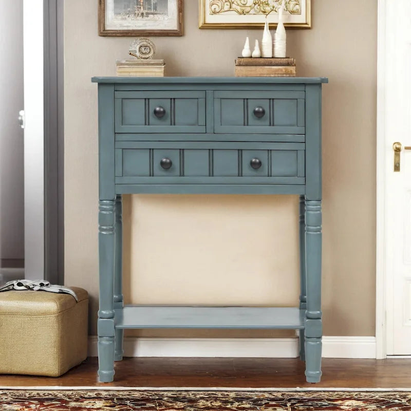 Narrow table, rustic entrance table, slim sofa table, three storage drawers and bottom shelf