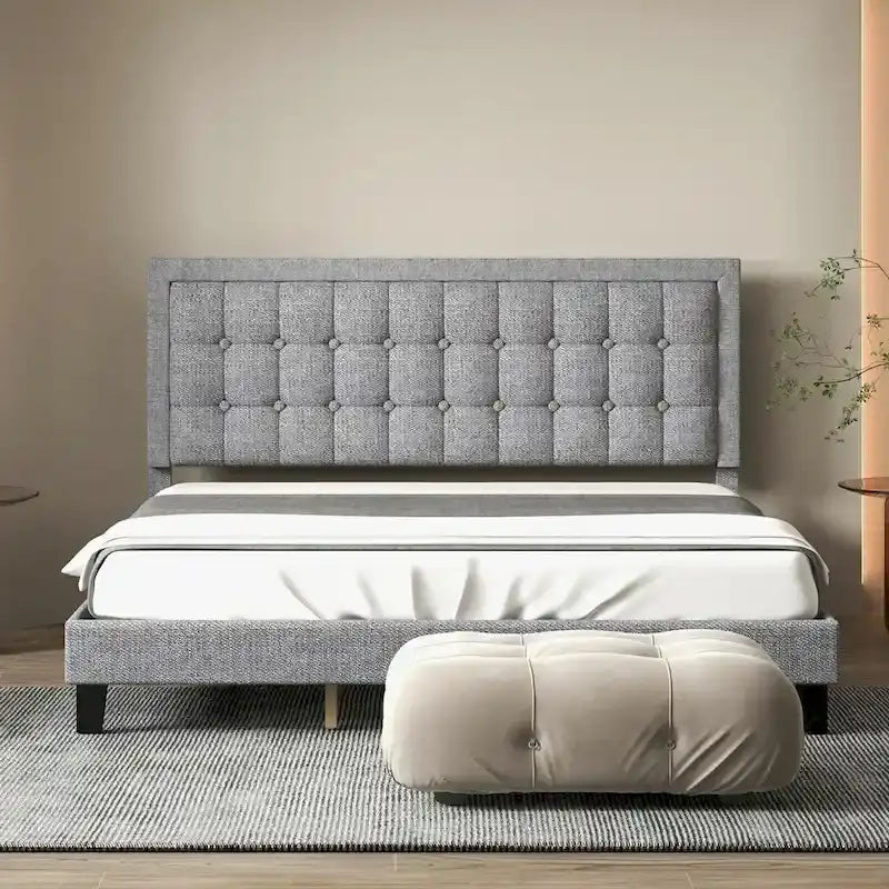 Bed Frame with Upholstered Button Tufted Headboard