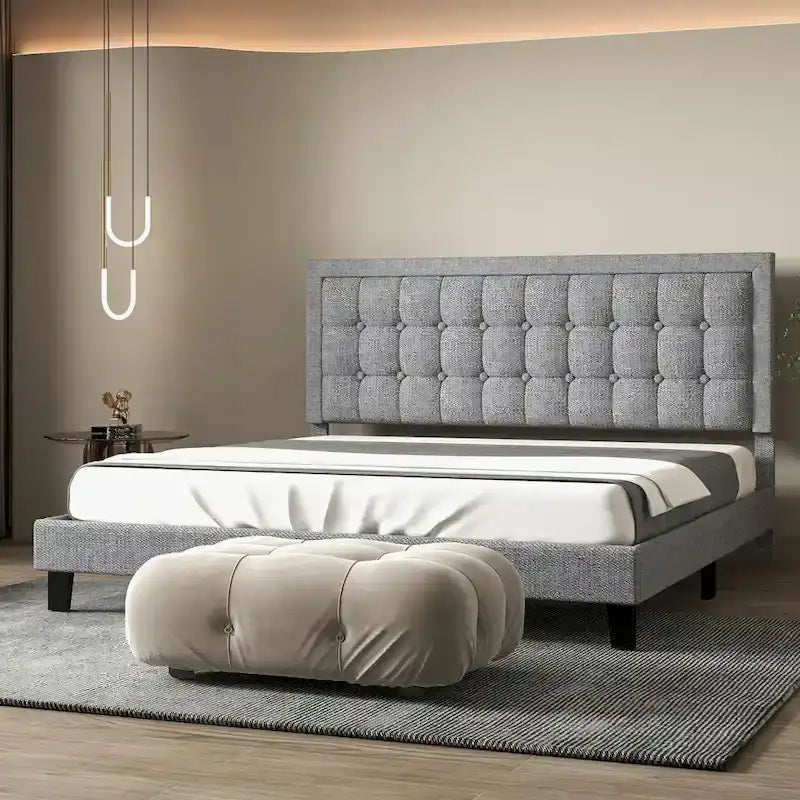 Bed Frame with Upholstered Button Tufted Headboard