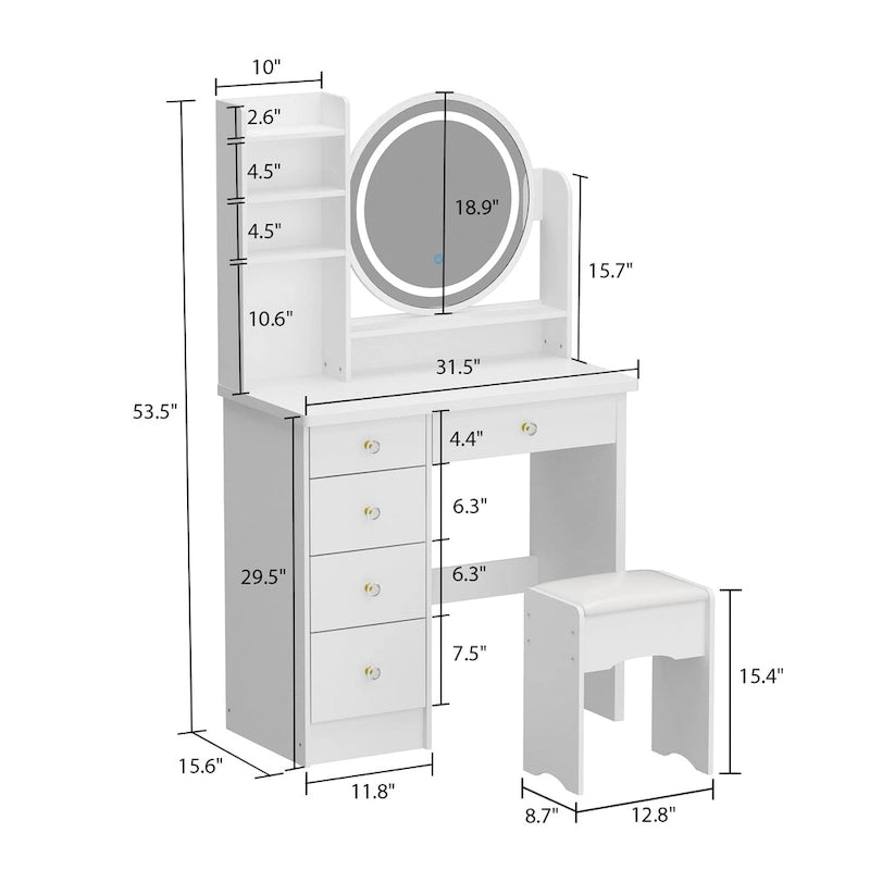 Timechee 31.5 Wide Makeup Vanity Set with Stool, Mirror,3 Color Light - 31.5W