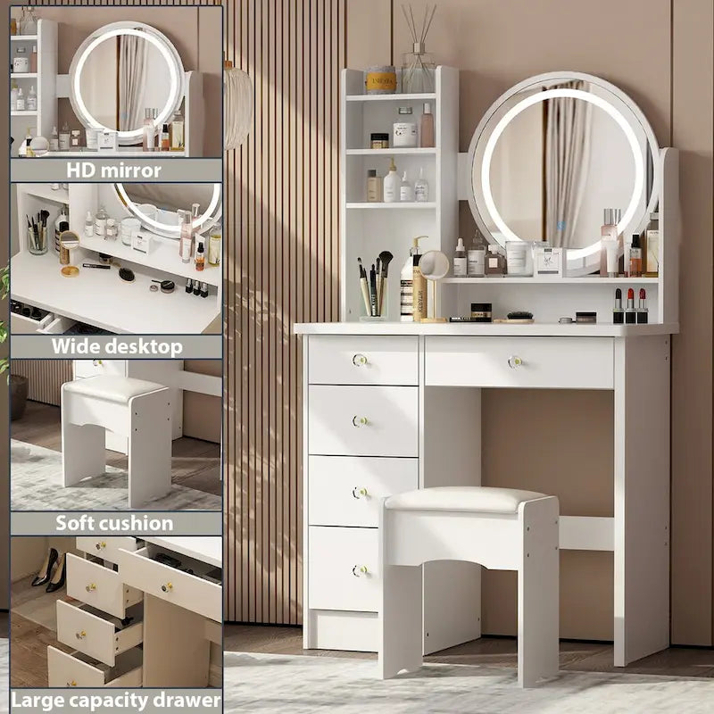 Timechee 31.5 Wide Makeup Vanity Set with Stool, Mirror,3 Color Light - 31.5W