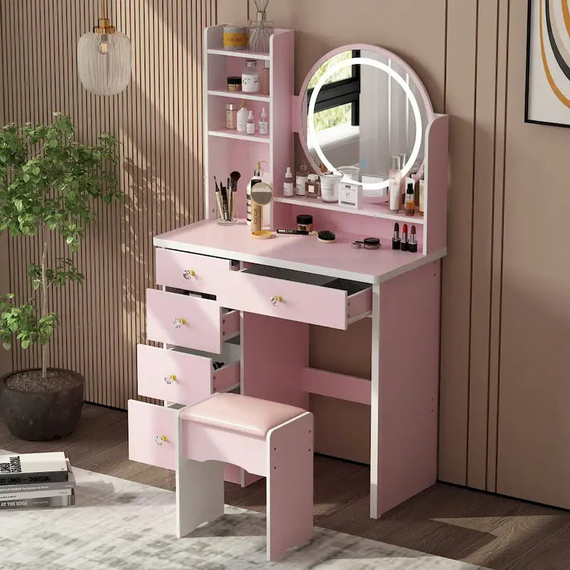 Timechee 31.5 Wide Makeup Vanity Set with Stool, Mirror,3 Color Light - 31.5W
