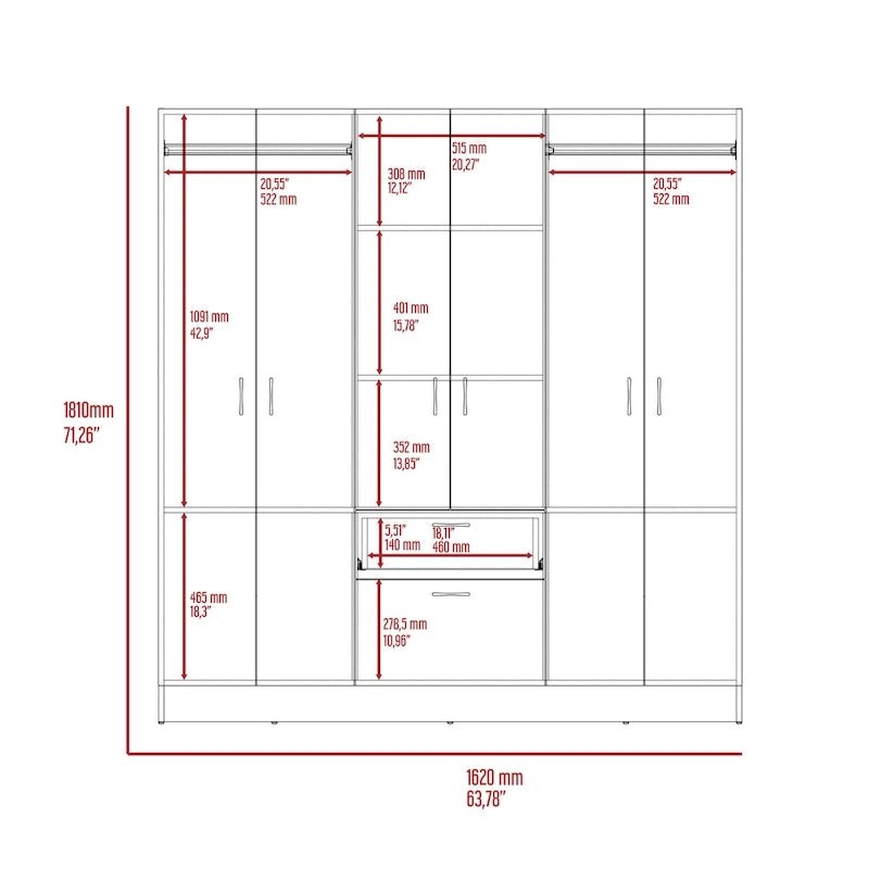 Mitu Six Doors Armoire, Seven Interior Shelves, One Drawer, Hanging Rod - N/A