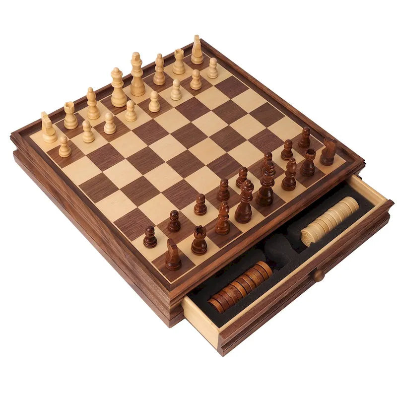 GSE 15 Large Wooden 2-in-1 Chess and Checkers Board Game Combo Set with Drawer