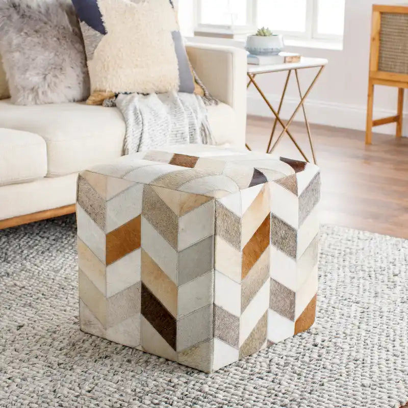 Livabliss Cattle Range Leather Cowhide Cube Pouf Ottoman