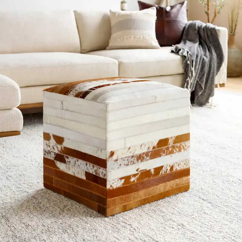 Livabliss Cattle Range Leather Cowhide Cube Pouf Ottoman