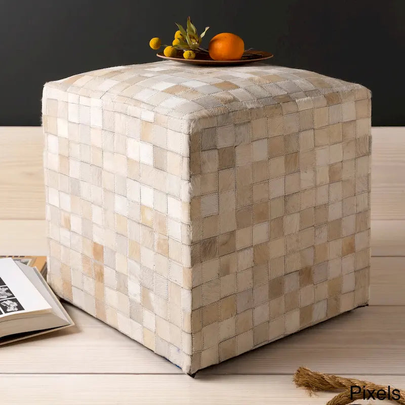 Livabliss Cattle Range Leather Cowhide Cube Pouf Ottoman