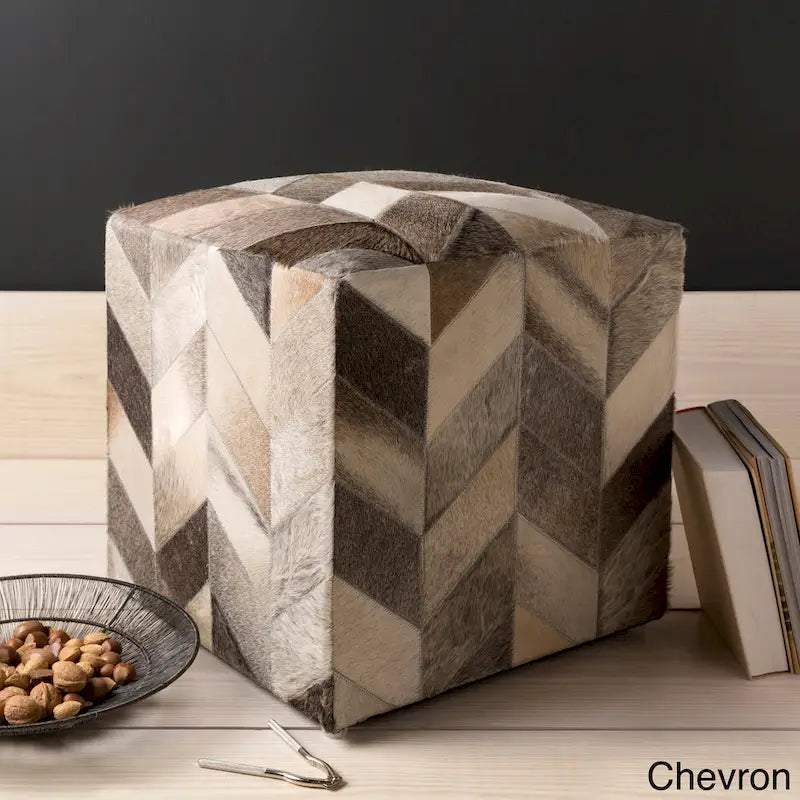 Livabliss Cattle Range Leather Cowhide Cube Pouf Ottoman