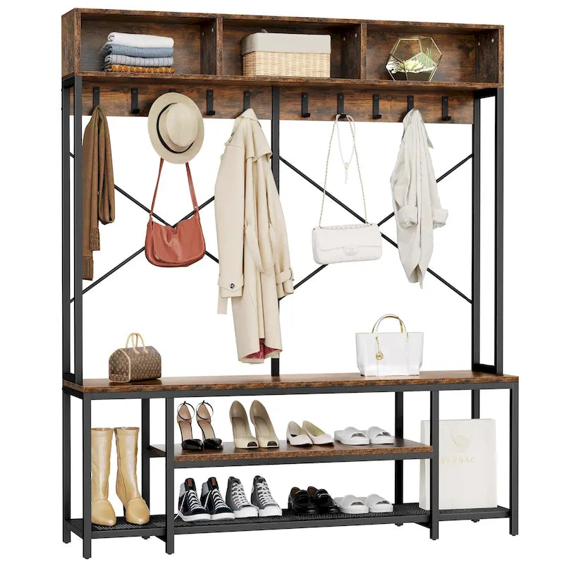 Moasis Industrial Entryway Bench with Coat Rack, 5-in-1 Hall Tree with Shoes Storage