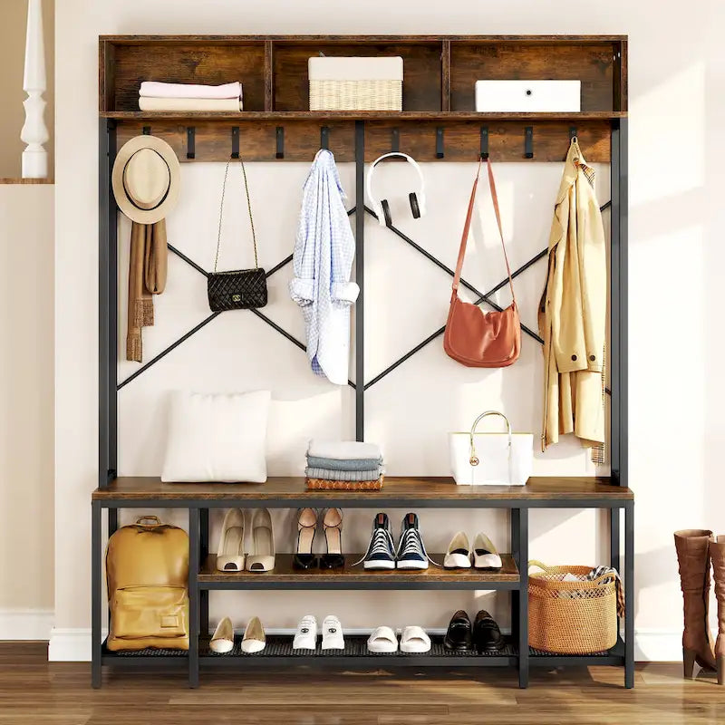 Moasis Industrial Entryway Bench with Coat Rack, 5-in-1 Hall Tree with Shoes Storage
