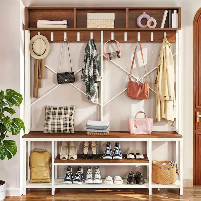 Moasis Industrial Entryway Bench with Coat Rack, 5-in-1 Hall Tree with Shoes Storage
