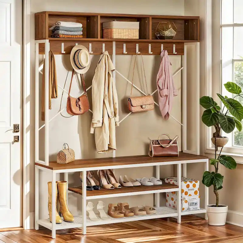 Moasis Industrial Entryway Bench with Coat Rack, 5-in-1 Hall Tree with Shoes Storage
