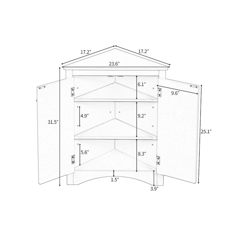White Triangle Bathroom Storage Cabinet with Adjustable Shelves - 17.2W x 17.2D x 31.5H