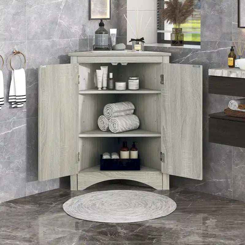 White Triangle Bathroom Storage Cabinet with Adjustable Shelves - 17.2W x 17.2D x 31.5H