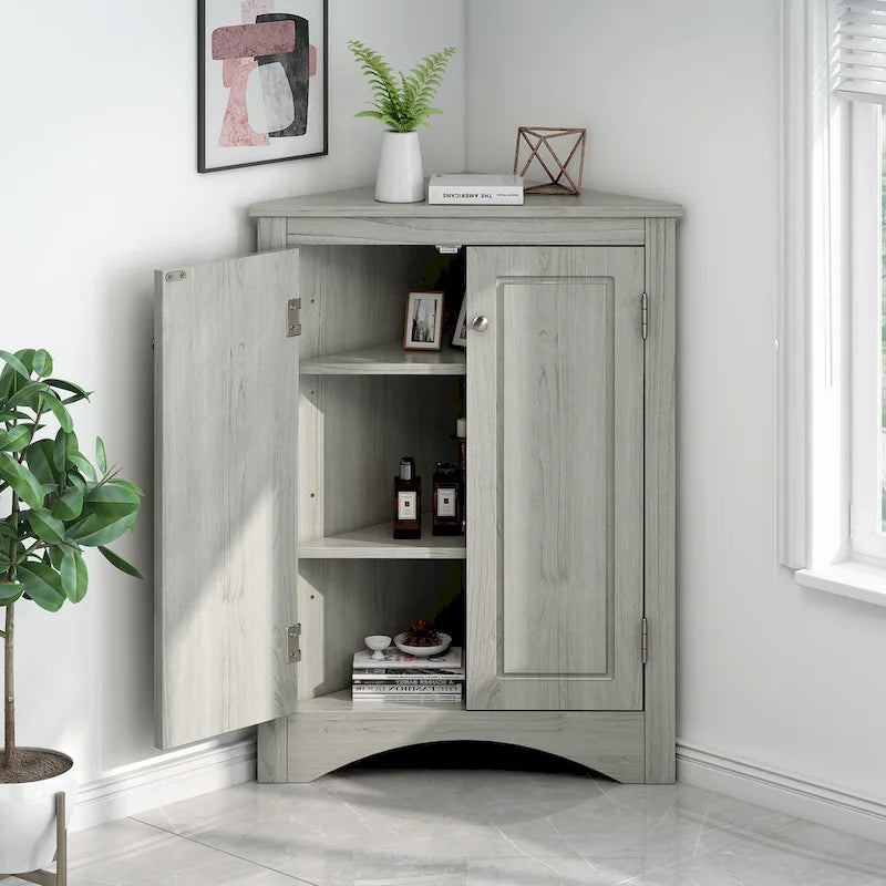 White Triangle Bathroom Storage Cabinet with Adjustable Shelves - 17.2W x 17.2D x 31.5H