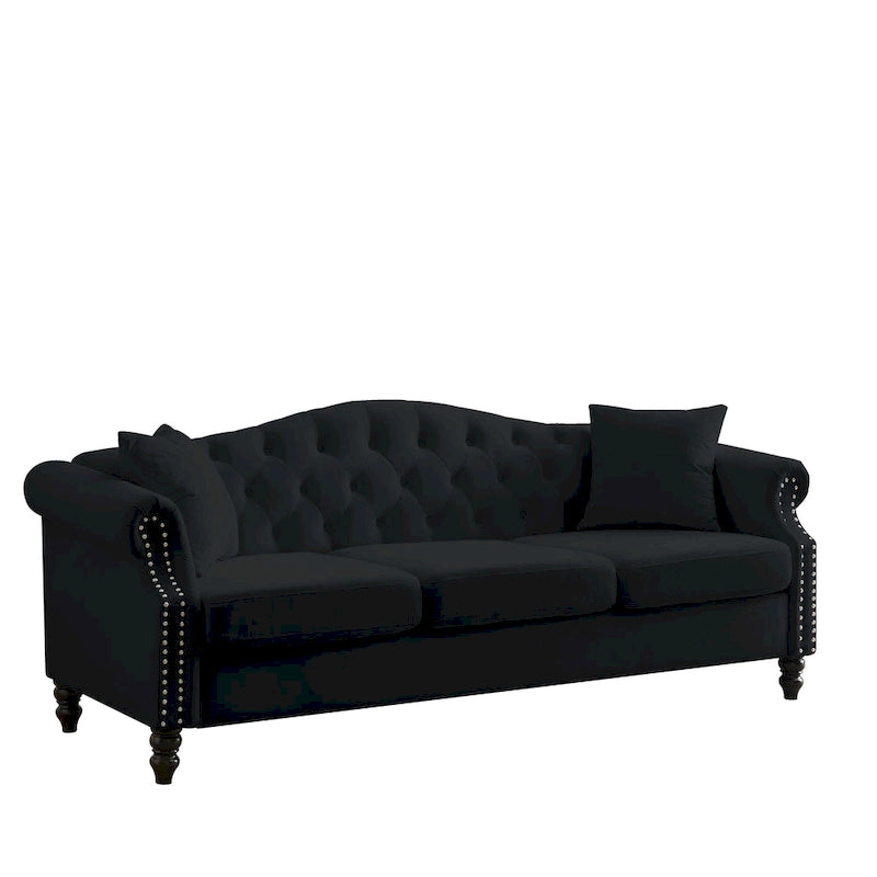 [Video] 79 Chesterfield Sofa Black Velvet for Living Room, 3 Seater Sofa Tufted Couch with Rolled Arms and Nailhead for Living