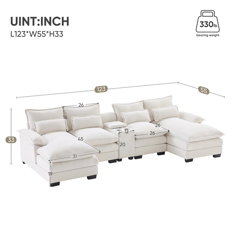 [VIDEO provided][New]123*55 Modern U-shaped Sofa with Console,Cupholders and USB Ports,6-seat Upholstered Symmetrical Indoor Fu