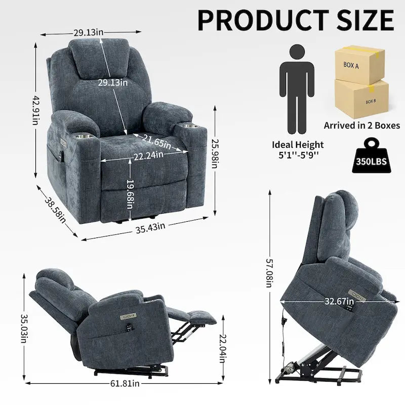 Okin motor Up to 350 LBS Chenille Power Lift Recliner Chair, Heavy Duty Motion Mechanism with 8-Point Vibration Massage and Lumb