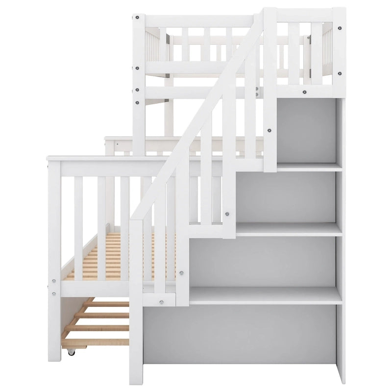 Twin over Full Bunk Bed with Trundle and Staircase,Gray