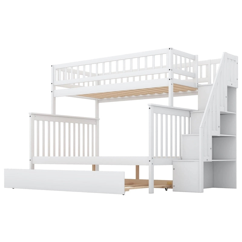 Twin over Full Bunk Bed with Trundle and Staircase,Gray