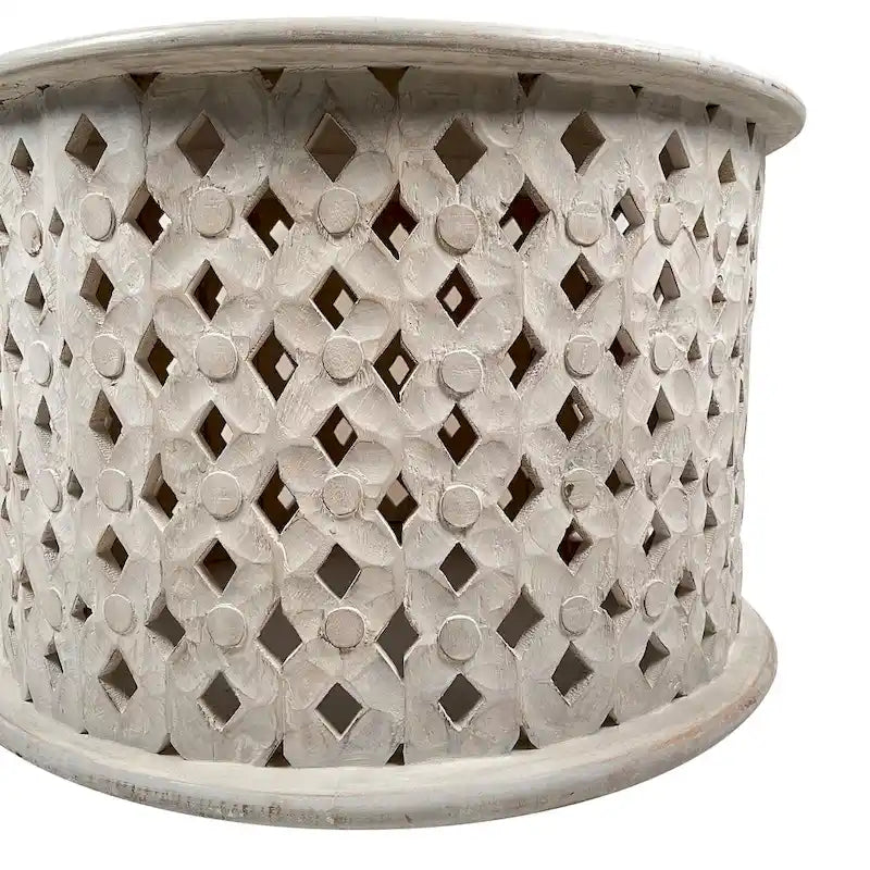 Cato 28 Inch Artisanal Round Mango Wood Coffee Table, Intricate Diamond Lattice Cut Out Frame, Washed White