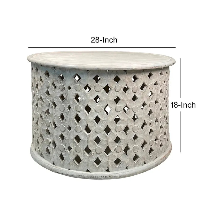 Cato 28 Inch Artisanal Round Mango Wood Coffee Table, Intricate Diamond Lattice Cut Out Frame, Washed White