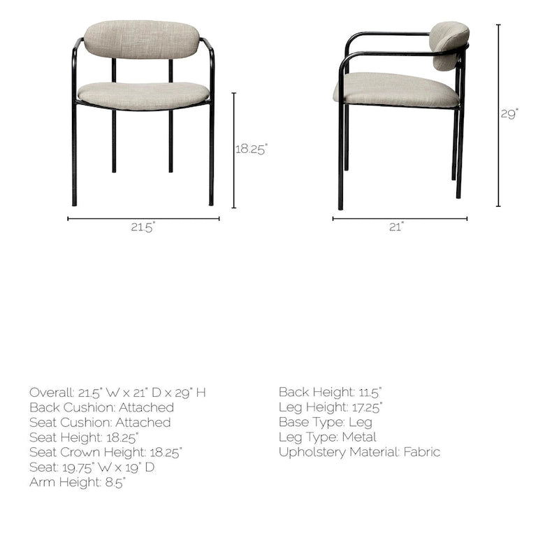 Parker Beige Fabric Seat With Gun Metal Gray Metal Frame Dining Chair - 21.5L x 21.1W x 28.7H