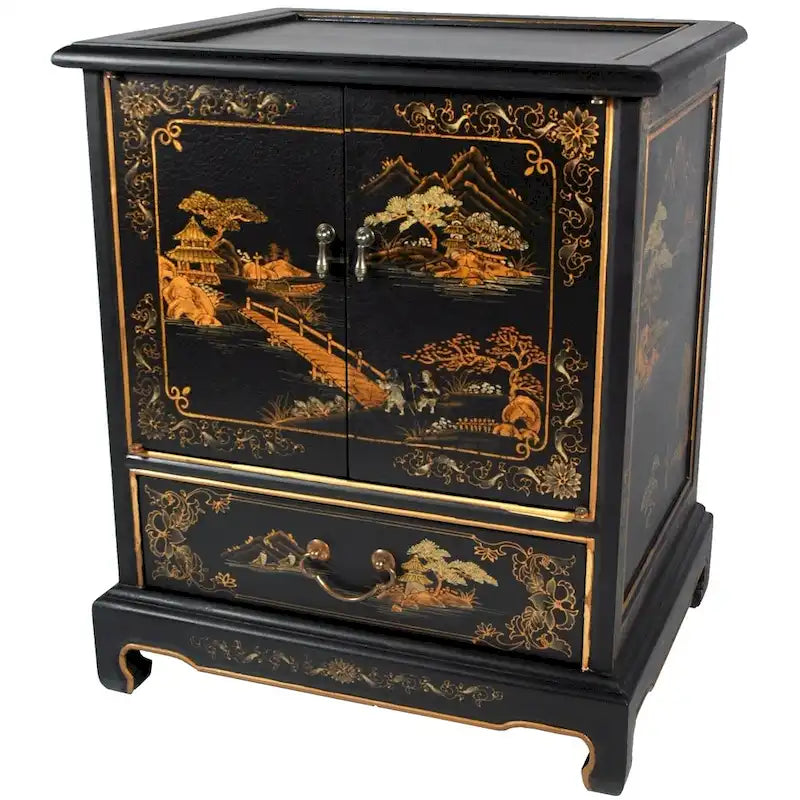 Handmade Lacquered Vintage Chinese Landscape End Table - 20.00W x 16.00D x 24.50H