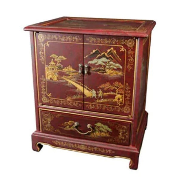 Handmade Lacquered Vintage Chinese Landscape End Table - 20.00W x 16.00D x 24.50H