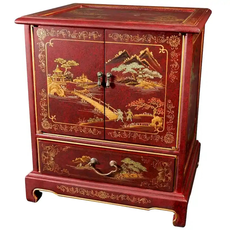 Handmade Lacquered Vintage Chinese Landscape End Table - 20.00W x 16.00D x 24.50H