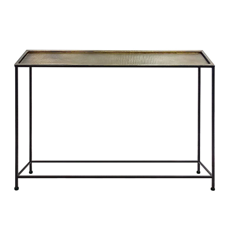Aurelia 48 Inch Console Sofa Table, Artisanal Hammered Antique Bronze Tray Top, Industrial Black Iron Frame