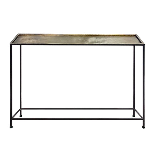Aurelia 48 Inch Console Sofa Table, Artisanal Hammered Antique Bronze Tray Top, Industrial Black Iron Frame