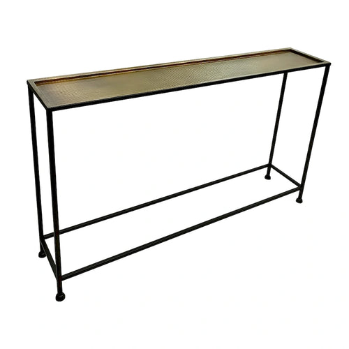Aurelia 48 Inch Console Sofa Table, Artisanal Hammered Antique Bronze Tray Top, Industrial Black Iron Frame