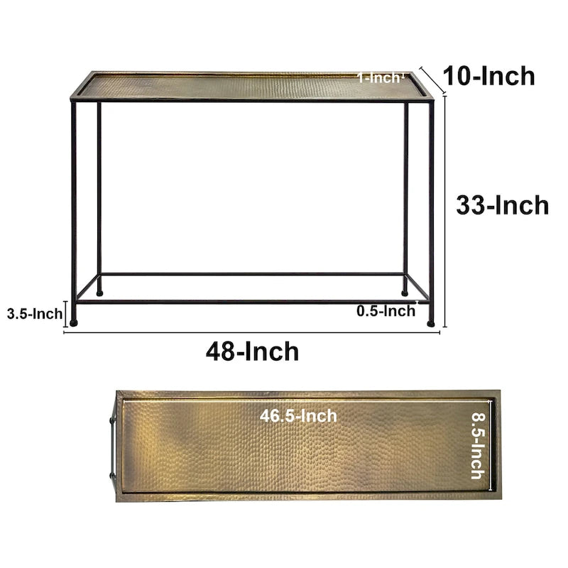 Aurelia 48 Inch Console Sofa Table, Artisanal Hammered Antique Bronze Tray Top, Industrial Black Iron Frame