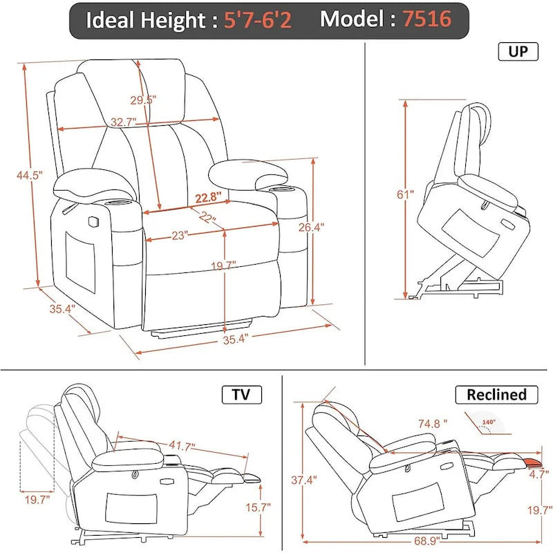 MCombo Large Power Lift Recliner Chair with Massage, Cup Holders, Extended Footrest, Fabric 7516