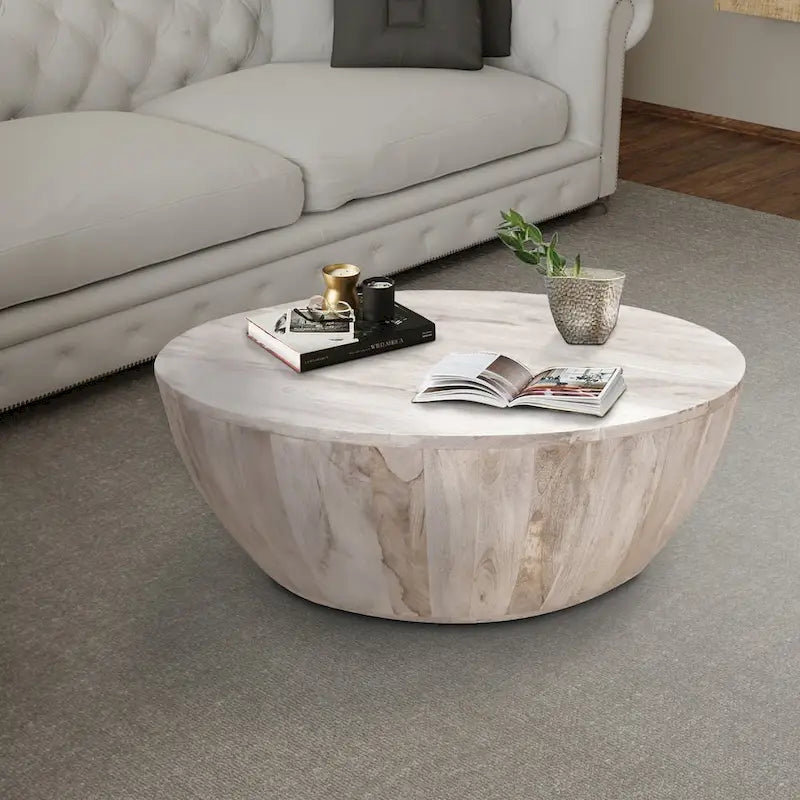 36 Inch Round Mango Wood Coffee Table, Subtle Grains, Distressed White - 35.5 x 35.5 x 12