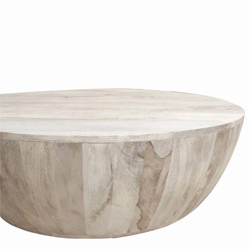 36 Inch Round Mango Wood Coffee Table, Subtle Grains, Distressed White - 35.5 x 35.5 x 12