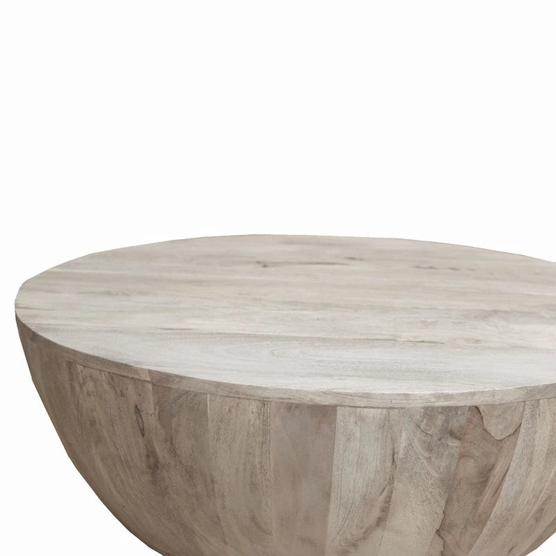 36 Inch Round Mango Wood Coffee Table, Subtle Grains, Distressed White - 35.5 x 35.5 x 12