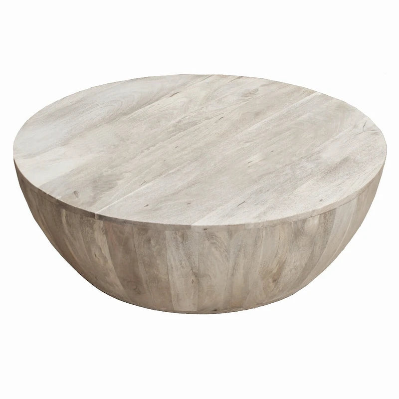 36 Inch Round Mango Wood Coffee Table, Subtle Grains, Distressed White - 35.5 x 35.5 x 12