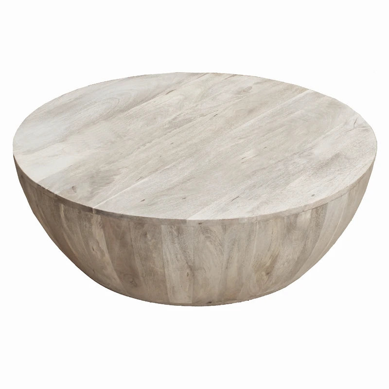 36 Inch Round Mango Wood Coffee Table, Subtle Grains, Distressed White - 35.5 x 35.5 x 12