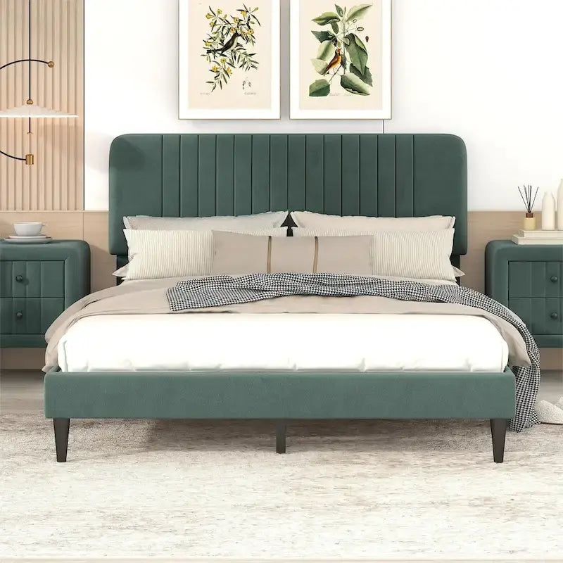 Queen Size Upholstered Platform Bed,No Box Spring Needed, Velvet Fabric