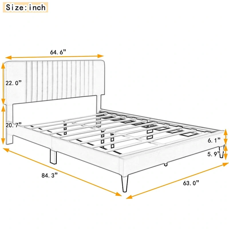 Queen Size Upholstered Platform Bed,No Box Spring Needed, Velvet Fabric