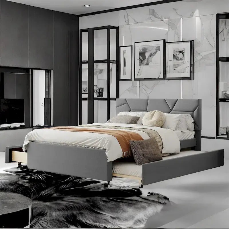 Queen Size Linen Platform Bed with Twin Size Trundle and Drawers