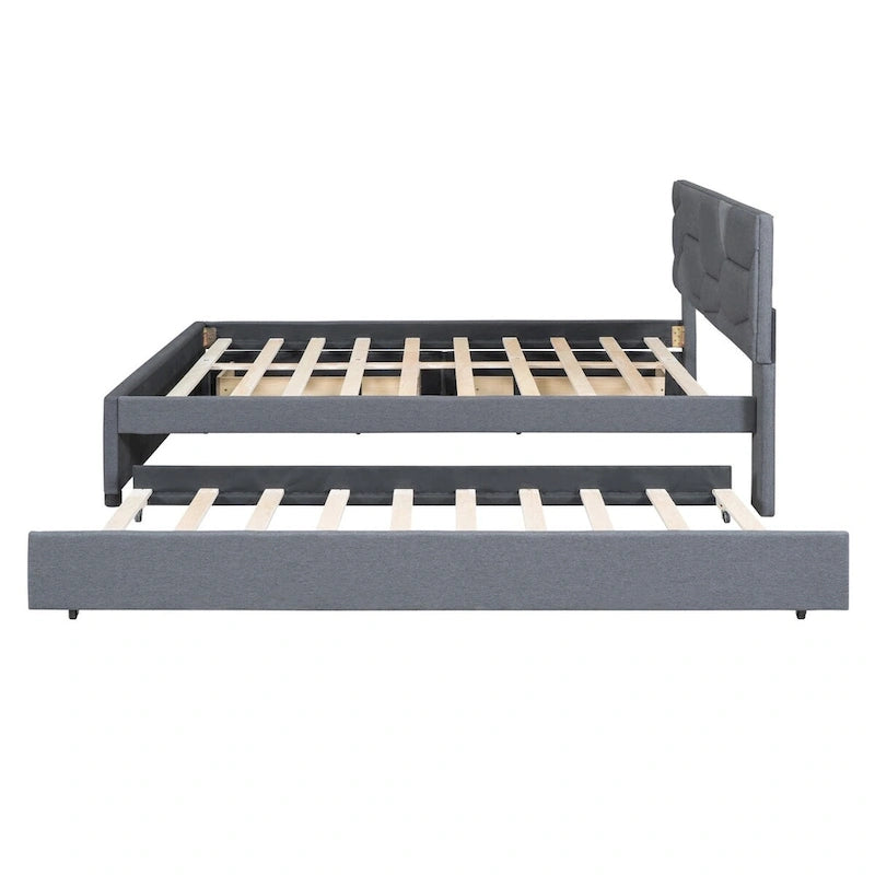 Queen Size Linen Platform Bed with Twin Size Trundle and Drawers