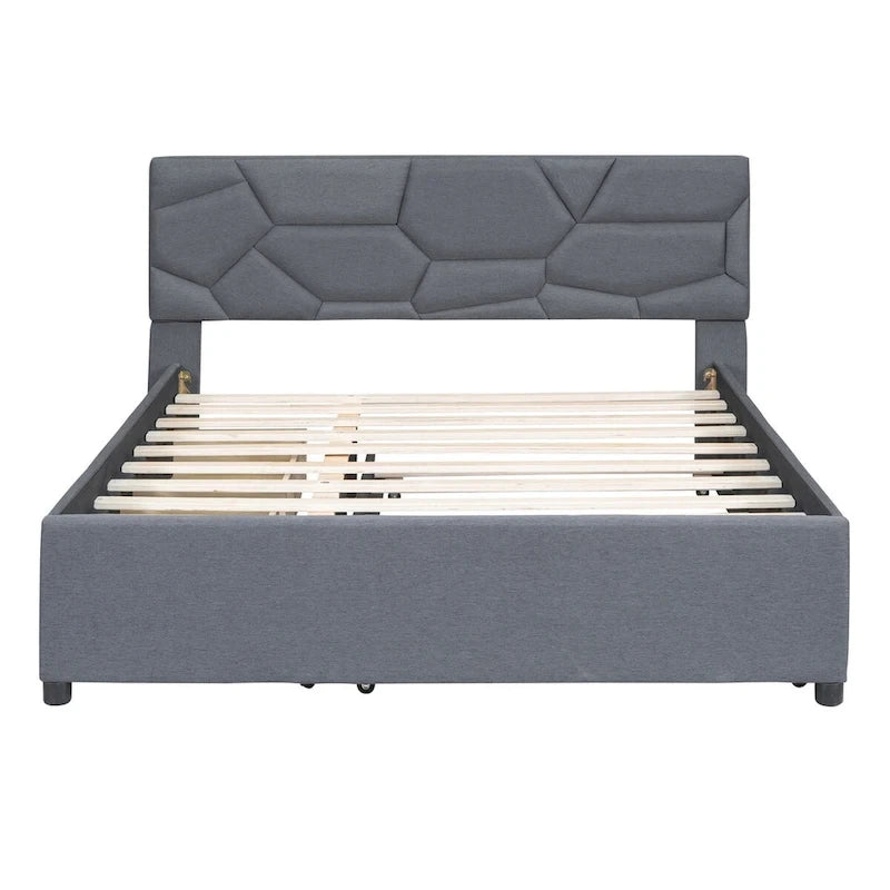 Queen Size Linen Platform Bed with Twin Size Trundle and Drawers